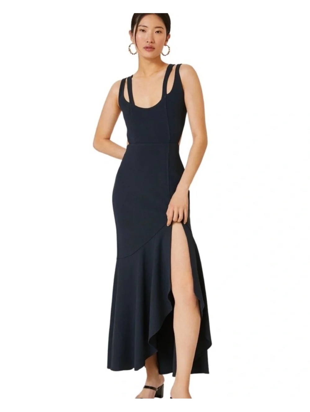 Anthropologie Maeve Navy Blue Cutout Back Ruffle Maxi Dress Size Medium